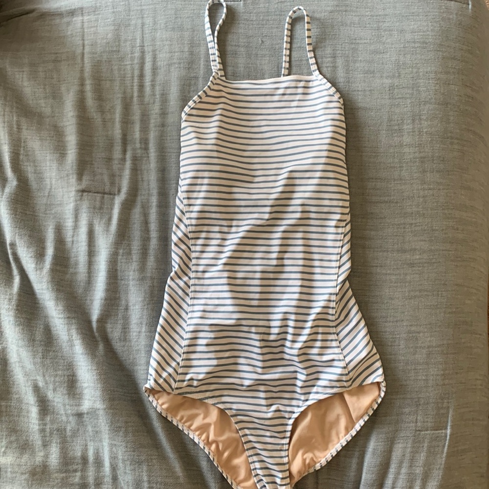 NWOT Albion Fit one piece. Light blue and white stripe. Medium. Wonderful fit!